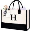 imageBAGAIL Initial Canvas Tote Bag Personalized Birthday Gifts for Women Beach Bag for Teacher Friends Mom WeddingH