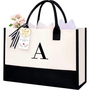 imageBAGAIL Initial Canvas Tote Bag Personalized Birthday Gifts for Women Beach Bag for Teacher Friends Mom WeddingA