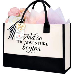 imageBAGAIL Initial Canvas Tote Bag Personalized Birthday Gifts for Women Beach Bag for Teacher Friends Mom WeddingAnd So the Adventure Begins