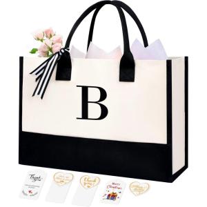imageBAGAIL Initial Canvas Tote Bag Personalized Birthday Gifts for Women Beach Bag for Teacher Friends Mom WeddingB