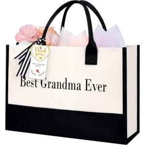 imageBAGAIL Initial Canvas Tote Bag Personalized Birthday Gifts for Women Beach Bag for Teacher Friends Mom WeddingBest Grandma Ever