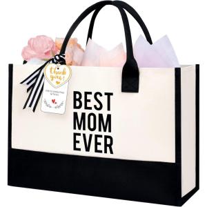 imageBAGAIL Initial Canvas Tote Bag Personalized Birthday Gifts for Women Beach Bag for Teacher Friends Mom WeddingBest Mom Ever