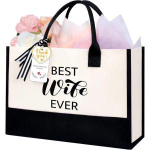imageBAGAIL Initial Canvas Tote Bag Personalized Birthday Gifts for Women Beach Bag for Teacher Friends Mom WeddingBest Wife Ever