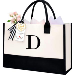 imageBAGAIL Initial Canvas Tote Bag Personalized Birthday Gifts for Women Beach Bag for Teacher Friends Mom WeddingD