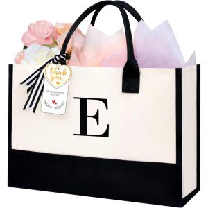 imageBAGAIL Initial Canvas Tote Bag Personalized Birthday Gifts for Women Beach Bag for Teacher Friends Mom WeddingE