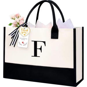 imageBAGAIL Initial Canvas Tote Bag Personalized Birthday Gifts for Women Beach Bag for Teacher Friends Mom WeddingF