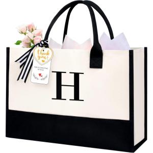 imageBAGAIL Initial Canvas Tote Bag Personalized Birthday Gifts for Women Beach Bag for Teacher Friends Mom WeddingH