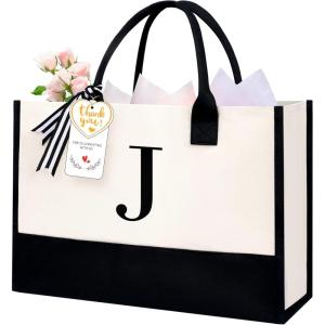 imageBAGAIL Initial Canvas Tote Bag Personalized Birthday Gifts for Women Beach Bag for Teacher Friends Mom WeddingJ
