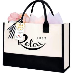 imageBAGAIL Initial Canvas Tote Bag Personalized Birthday Gifts for Women Beach Bag for Teacher Friends Mom WeddingJust Relax