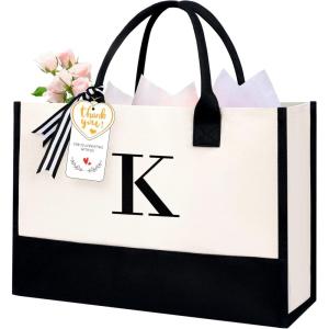 imageBAGAIL Initial Canvas Tote Bag Personalized Birthday Gifts for Women Beach Bag for Teacher Friends Mom WeddingK