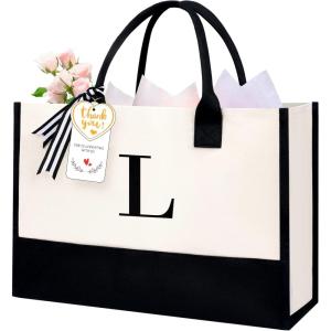 imageBAGAIL Initial Canvas Tote Bag Personalized Birthday Gifts for Women Beach Bag for Teacher Friends Mom WeddingL