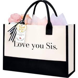 imageBAGAIL Initial Canvas Tote Bag Personalized Birthday Gifts for Women Beach Bag for Teacher Friends Mom WeddingLove You Sis