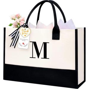 imageBAGAIL Initial Canvas Tote Bag Personalized Birthday Gifts for Women Beach Bag for Teacher Friends Mom WeddingM