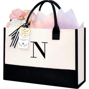 imageBAGAIL Initial Canvas Tote Bag Personalized Birthday Gifts for Women Beach Bag for Teacher Friends Mom WeddingN