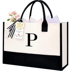 imageBAGAIL Initial Canvas Tote Bag Personalized Birthday Gifts for Women Beach Bag for Teacher Friends Mom WeddingP