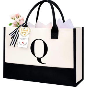 imageBAGAIL Initial Canvas Tote Bag Personalized Birthday Gifts for Women Beach Bag for Teacher Friends Mom WeddingQ