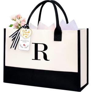 imageBAGAIL Initial Canvas Tote Bag Personalized Birthday Gifts for Women Beach Bag for Teacher Friends Mom WeddingR