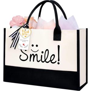 imageBAGAIL Initial Canvas Tote Bag Personalized Birthday Gifts for Women Beach Bag for Teacher Friends Mom WeddingSmile