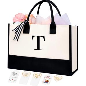 imageBAGAIL Initial Canvas Tote Bag Personalized Birthday Gifts for Women Beach Bag for Teacher Friends Mom WeddingT
