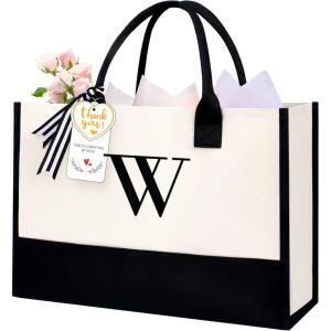 imageBAGAIL Initial Canvas Tote Bag Personalized Birthday Gifts for Women Beach Bag for Teacher Friends Mom WeddingW