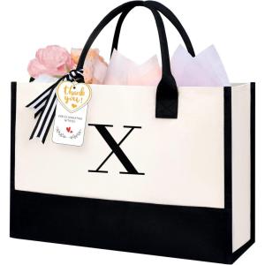 imageBAGAIL Initial Canvas Tote Bag Personalized Birthday Gifts for Women Beach Bag for Teacher Friends Mom WeddingX