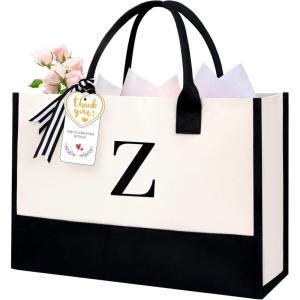imageBAGAIL Initial Canvas Tote Bag Personalized Birthday Gifts for Women Beach Bag for Teacher Friends Mom WeddingZ
