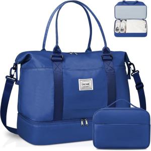 imageBAGAIL Travel Duffel Bag Weekender Bags for Women Overnight Gym Carry On Tote Bag with Wet Pocket Hospital Mom Bag for Labor and Delivery  Extra Large BlackANavy Blue