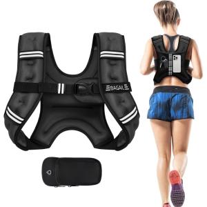 imageBAGAIL Weighted Vest 5lbs10lbs12lbs15lbs20lbs25lbs30lbs Weight Vest with Detachable Phone Pouch Rucking Vest for Women Men Walking Weight Loss Training RunningBlack