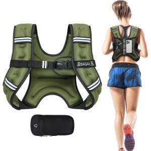 imageBAGAIL Weighted Vest 5lbs10lbs12lbs15lbs20lbs25lbs30lbs Weight Vest with Detachable Phone Pouch Rucking Vest for Women Men Walking Weight Loss Training RunningGreen