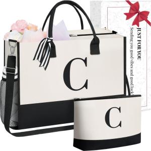 imageBAGAIL Initial Tote Bag Personalized Birthday Gifts for Women Teacher Friends Mom Wedding Monogrammed Beach BagCanvas C With Cosmetic Bag
