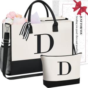 imageBAGAIL Initial Tote Bag Personalized Birthday Gifts for Women Teacher Friends Mom Wedding Monogrammed Beach BagCanvas D With Cosmetic Bag