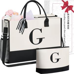 imageBAGAIL Initial Tote Bag Personalized Birthday Gifts for Women Teacher Friends Mom Wedding Monogrammed Beach BagCanvas G With Cosmetic Bag