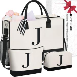 imageBAGAIL Initial Tote Bag Personalized Birthday Gifts for Women Teacher Friends Mom Wedding Monogrammed Beach BagCanvas J With 2 Cosmetic Bags