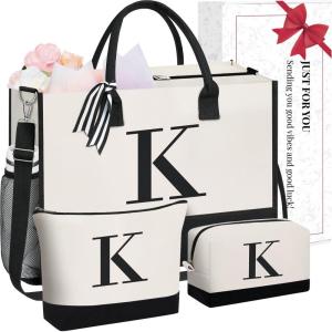 imageBAGAIL Initial Tote Bag Personalized Birthday Gifts for Women Teacher Friends Mom Wedding Monogrammed Beach BagCanvas K With 2 Cosmetic Bags