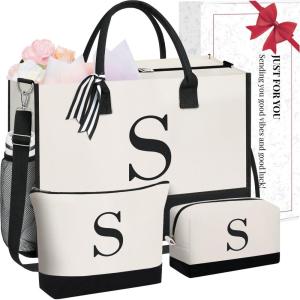 imageBAGAIL Initial Tote Bag Personalized Birthday Gifts for Women Teacher Friends Mom Wedding Monogrammed Beach BagCanvas S With 2 Cosmetic Bags