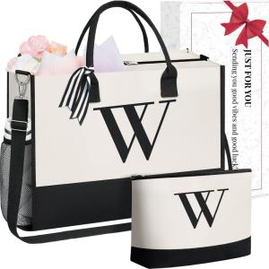 imageBAGAIL Initial Tote Bag Personalized Birthday Gifts for Women Teacher Friends Mom Wedding Monogrammed Beach BagCanvas W With Cosmetic Bag