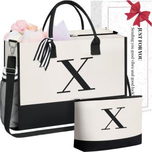 imageBAGAIL Initial Tote Bag Personalized Birthday Gifts for Women Teacher Friends Mom Wedding Monogrammed Beach BagCanvas X With Cosmetic Bag