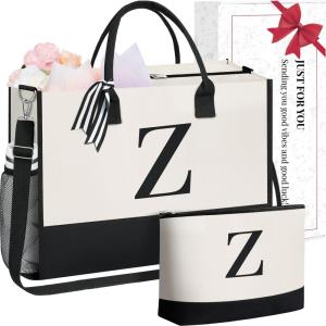 imageBAGAIL Initial Tote Bag Personalized Birthday Gifts for Women Teacher Friends Mom Wedding Monogrammed Beach BagCanvas Z With Cosmetic Bag