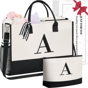 imageBAGAIL Initial Tote Bag Personalized Birthday Gifts for Women Teacher Friends Mom Wedding Monogrammed Beach BagCanvas a With Cosmetic Bag