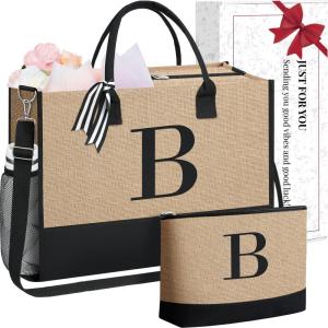 imageBAGAIL Initial Tote Bag Personalized Birthday Gifts for Women Teacher Friends Mom Wedding Monogrammed Beach BagJute Brown B With Cosmetic Bag