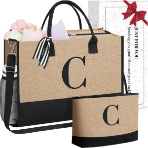 imageBAGAIL Initial Tote Bag Personalized Birthday Gifts for Women Teacher Friends Mom Wedding Monogrammed Beach BagJute Brown C With Cosmetic Bag