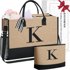 imageBAGAIL Initial Tote Bag Personalized Birthday Gifts for Women Teacher Friends Mom Wedding Monogrammed Beach BagJute Brown K With Cosmetic Bag