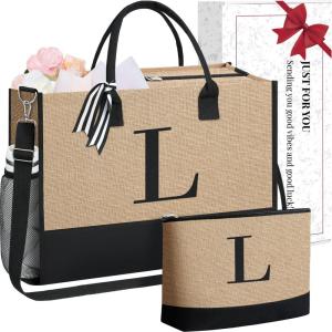 imageBAGAIL Initial Tote Bag Personalized Birthday Gifts for Women Teacher Friends Mom Wedding Monogrammed Beach BagJute Brown L With Cosmetic Bag