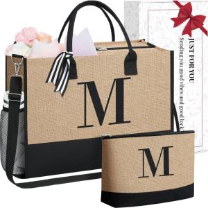 imageBAGAIL Initial Tote Bag Personalized Birthday Gifts for Women Teacher Friends Mom Wedding Monogrammed Beach BagJute Brown M With Cosmetic Bag