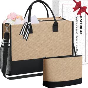 imageBAGAIL Initial Tote Bag Personalized Birthday Gifts for Women Teacher Friends Mom Wedding Monogrammed Beach BagJute Brown Plain With Cosmetic Bag