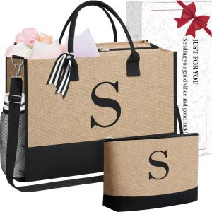 imageBAGAIL Initial Tote Bag Personalized Birthday Gifts for Women Teacher Friends Mom Wedding Monogrammed Beach BagJute Brown S With Cosmetic Bag