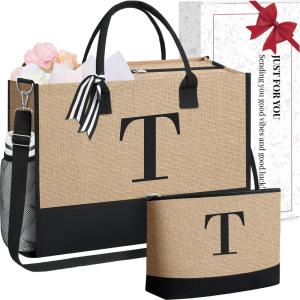 imageBAGAIL Initial Tote Bag Personalized Birthday Gifts for Women Teacher Friends Mom Wedding Monogrammed Beach BagJute Brown T With Cosmetic Bag