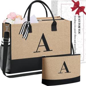 imageBAGAIL Initial Tote Bag Personalized Birthday Gifts for Women Teacher Friends Mom Wedding Monogrammed Beach BagJute Brown a With Cosmetic Bag