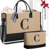 imageBAGAIL Initial Tote Bag with Makeup Bag Personalized Birthday Gifts for Women Beach Bag for Friends Mom Teachers WeddingJute Brown