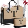 imageBAGAIL Initial Tote Bag with Makeup Bag Personalized Birthday Gifts for Women Beach Bag for Friends Mom Teachers WeddingJute Brown